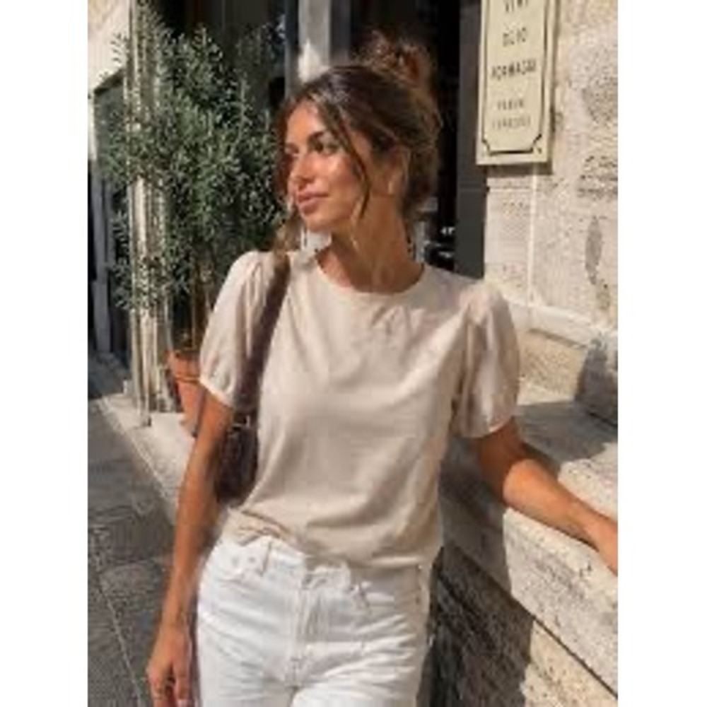 Antonio melani Women Short Puff Sleeve Cotton T-Shirt Pale Pink Crew Neck medium